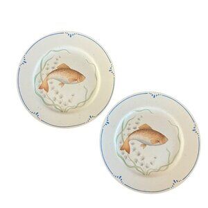 Fitz & Floyd Japan La Mer Dinner Plates Set Of 2 10 1/4" Brown & Blue Fish 1979